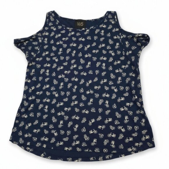 W5 ✦ Womens Navy Cold Shoulder Top S ✦ Rayon Bicycle Print Casual Pullover - Picture 2 of 11